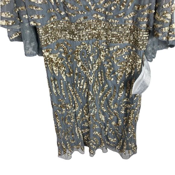 Mac Duggal Dress 20W Gold Blue Embellished Cape Sleeve Cocktail Metallic Sequin - Picture 4 of 11